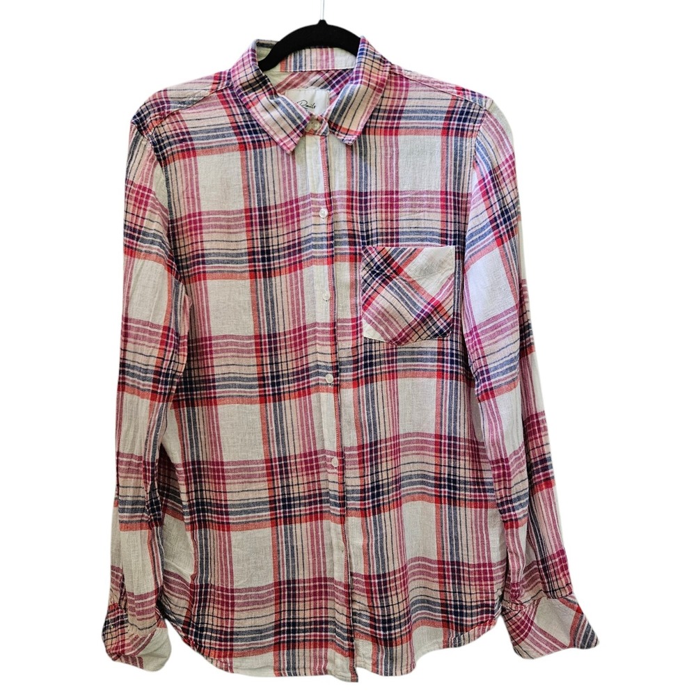 Rails Top sz M Multi Plaid Button Linen Rayon Popover Tunic Preppy Coastal Beach